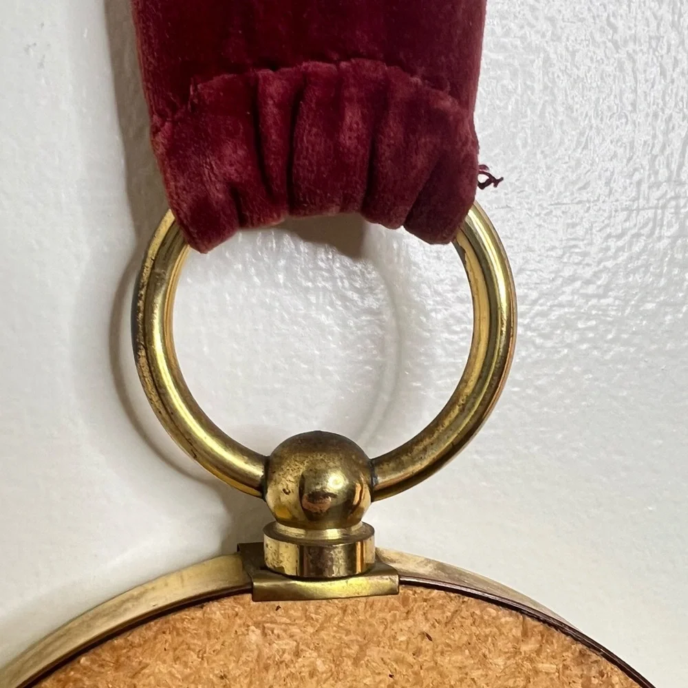 Vintage Convex Mirror Witch’s Eye 5.5” diameter Dark Red Velvet Hanger Poncelet